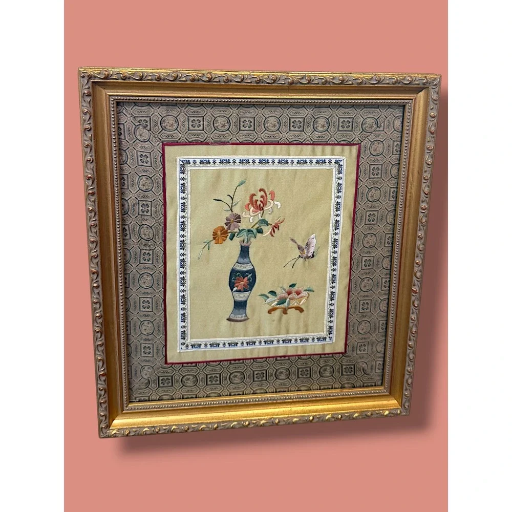 Vintage Chinese Silk Embroidery Framed Art Floral Vase Butterfly Chinoiserie